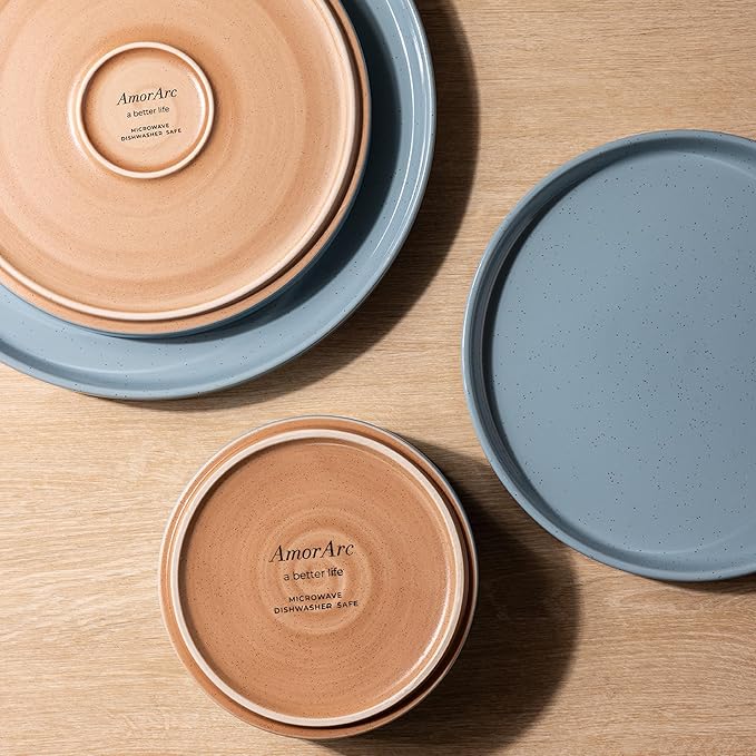 AmorArc Ceramic Dinnerware Set for 6 | Speckled Stoneware Plates and Bowls with Rustic Terracotta Underside| Scratch Resistant,Dishwasher & Microwave Safe Dishes Sets- 18pcs Blue