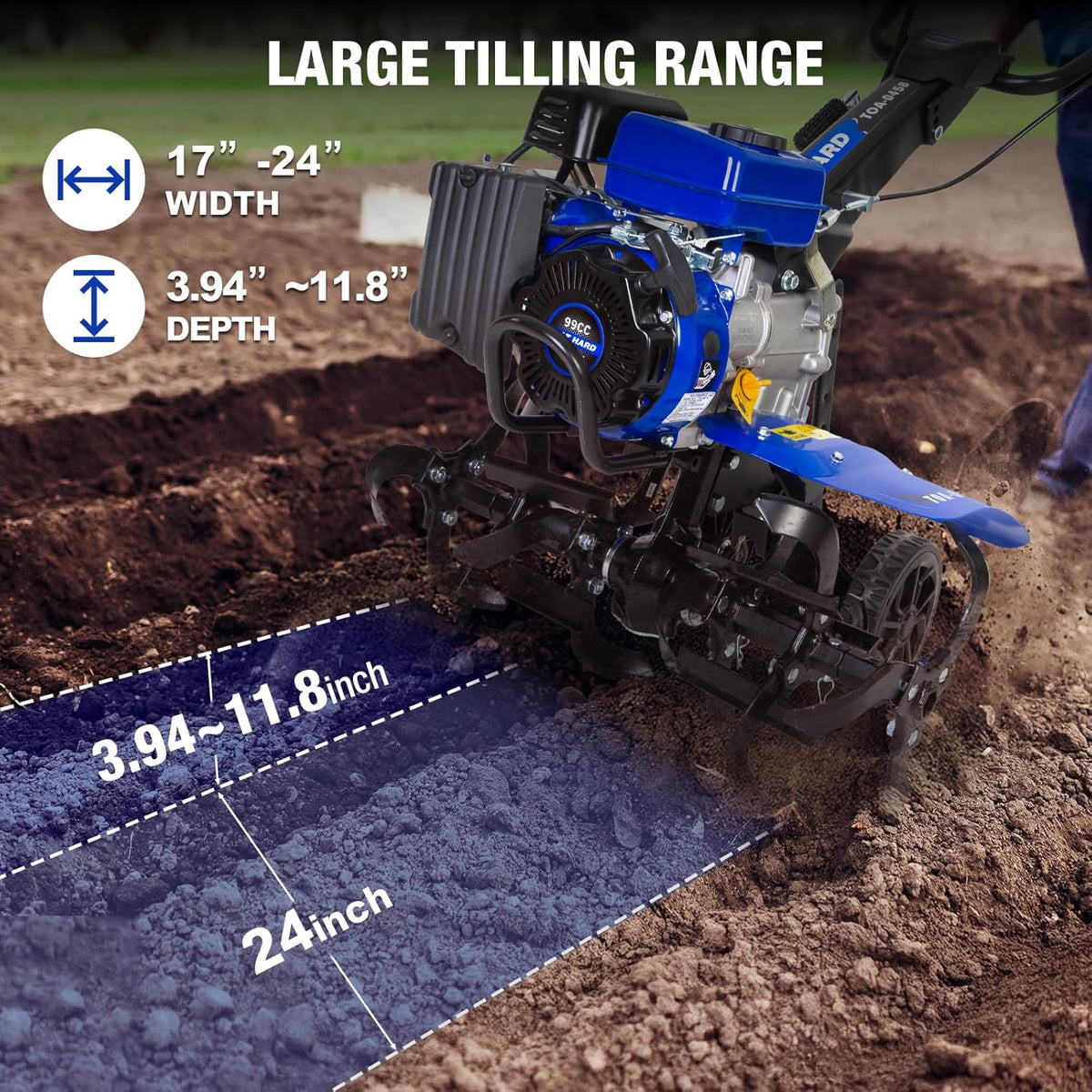 BILT HARD 24'' 99cc 4-Cycle Gas Tiller Cultivator, Variable Width Front Rotating Tines Tiller, 11.8'' Max Working Depth, Adjustable Handle & Wheels Rototiller for Weeding, Cultivating, Digging