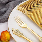 WDF 100 Piece Gold Forks Disposable - 7.48 Inch Gold Plastic Forks - Baroque Plastic Silverware for Dessert Cake - Heavy Duty Thanksgiving for Party, Wedding or Daily Using