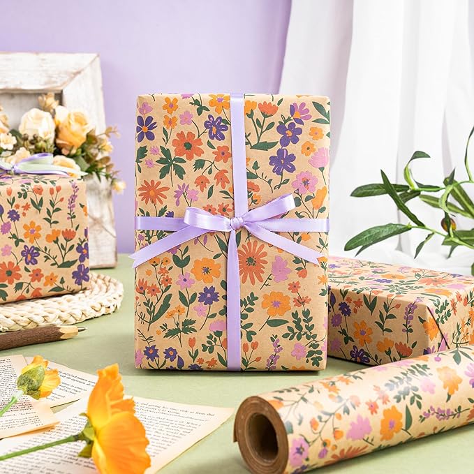 WRAPAHOLIC Kraft Floral Wrapping Paper Roll - Mini Roll - 17 Inch x 33 Feet - Vintage Flower Wrapping Paper, Perfect for Wedding, Birthday, Bridal Shower, Tea Party