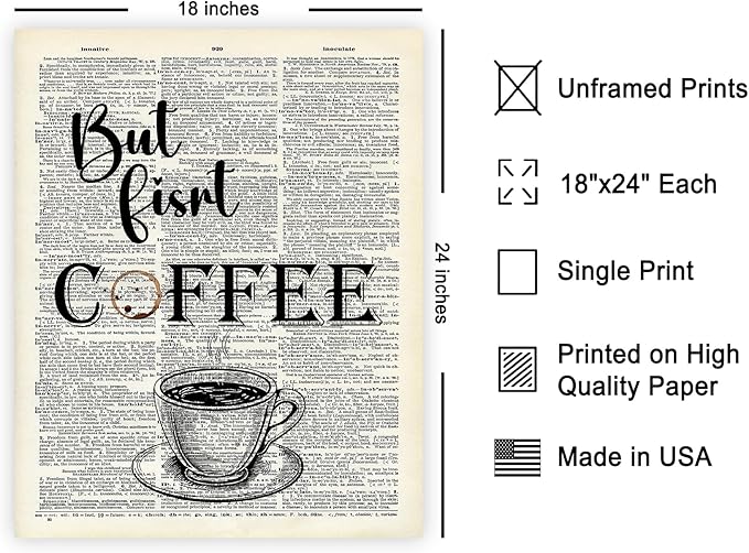 Poster Master Dictionary Art Poster - But First Coffee Print - Cafe Art - Gift for Men, Women, Coffee Lovers & Barista - Funny Decor for Kitchen, Restaurant or Dining Room, 18x24 Unframed Wall Art