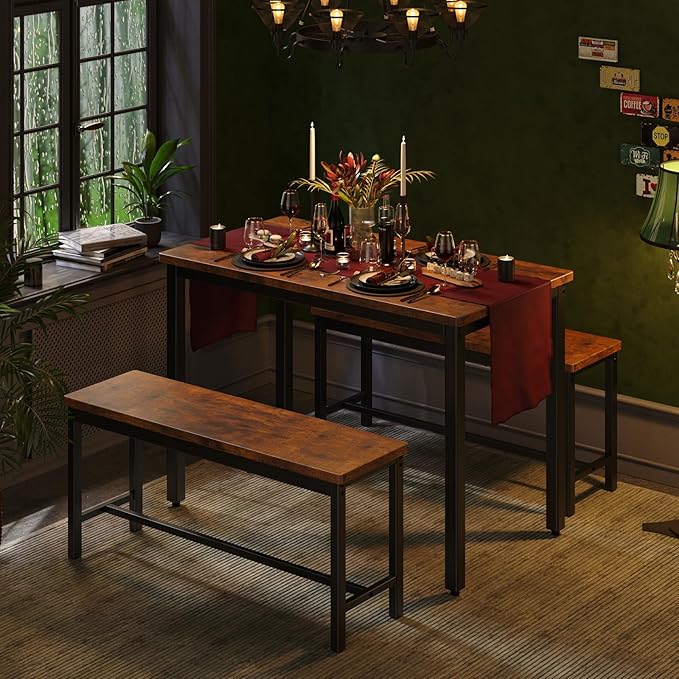 Tatub Dining Table Set for 4, 3-Piece Kitchen Table with 2 Benches, Space-Saving Dining Room Set for Breakfast Nook and Small Spaces, Brown