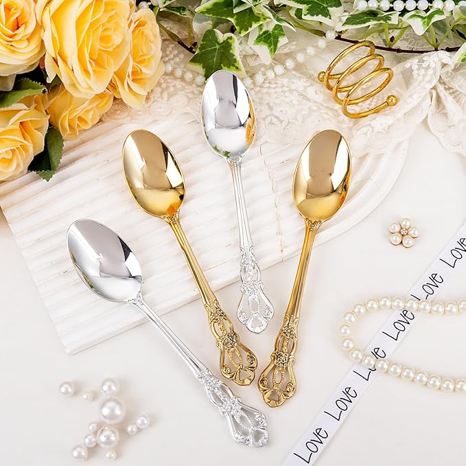 150PCS Gold Plastic Spoons - Gold Spoons Disposable - 8.1 Inch Heavy Duty Plastic Silverware - Heavyweight Elegant Disposable Utensils for Catering, Parties, Dinners, Weddings
