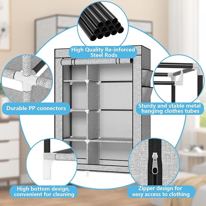 Calmootey Portable Closet Organizers, Clothing Storage, Wardrobe with 6 Shelves and Hanging Rod, Non-Woven Fabric Cover with 4 Side Pockets, Ash Grey