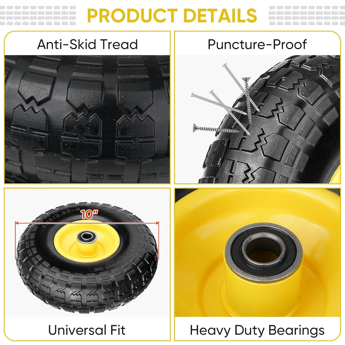 TICONN 10" Solid Tires, 2 Pack Flat Free 4.10/3.50-4'' Wheels with 5/8” Axle Bore Hole and Double Sealed Bearings (Yellow, 2PK)