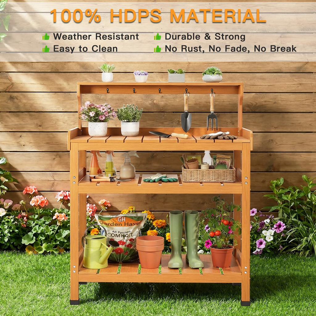 Frogprin Potting Bench Table, Extra-Large Outdoor Garden Potting Bench (HDPS) with 9 Hooks, All-Weather Garden Table Work Station, No Rust, No Fade, No Break (Teak, 35.6''X16.5''X45.5'')