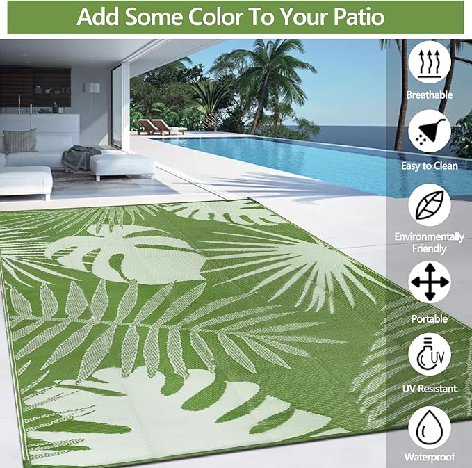 Waterproof Outdoor Rug 9x12 ft, Reversible Plastic Straw Mat with Leaf Pattern, Large Floor Mat for Patio, Camping, Picnic, Backyard RV, Deck, Light Green