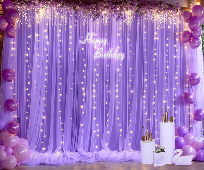 Purple Sheer Backdrop Curtains with Lights String for Baby Shower Girls 2 Panels 5×8ft Tulle Backdrop Curtain for Wedding Bridal Shower Elephant Birthday Party Photo Shoot Background Decorations