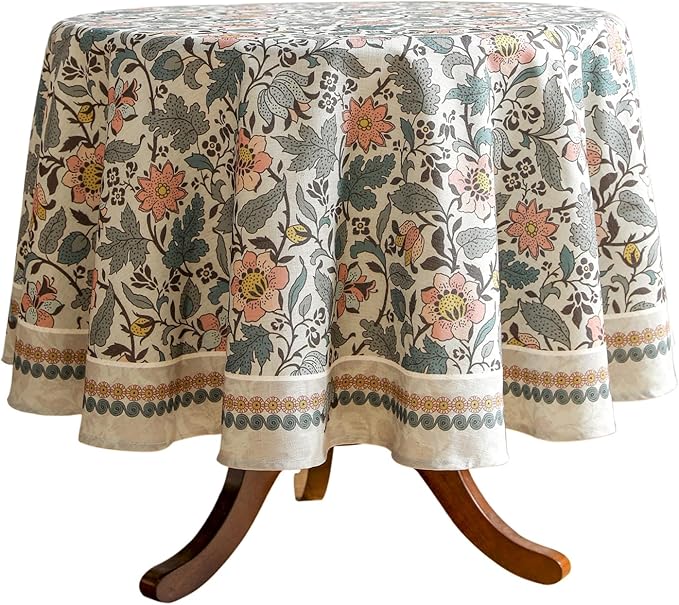 ISAENNE Designer Boho Floral Round Tablecloth,Linen Lotus Flower Pattern Colorful Indoor Table Cloth,Durable Decor Tablecloths for Dining Thanksgiving Kitchen Christmas,Diameter 67"-Hazel A