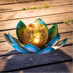 Huaxu Solar Light Outdoor Garden Decor Blue Metal Crackle Globe Glass Waterproof LED Lotus Flower Table Lamp Decorations for Patio Yard Porch Pathway Ground