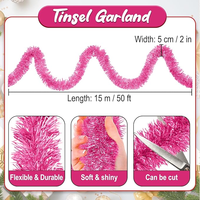 50 Feet Pink Christmas Tinsel Garland, Metallic Foil Twist Banner Wall Hanging Tinsel Streamers Backdrop for Parade Floats, Christmas, Mother's Day, Birthday Party Decorations(2in x 50ft)