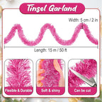 50 Feet Pink Christmas Tinsel Garland, Metallic Foil Twist Banner Wall Hanging Tinsel Streamers Backdrop for Parade Floats, Christmas, Mother's Day, Birthday Party Decorations(2in x 50ft)