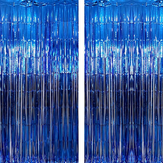 GOER 6.4 ft x 9.8 ft Metallic Tinsel Foil Fringe Curtains,Pack of 2 Party Streamer Backdrop for Birthday,Graduation Decorations and New Year Eve (Navy Blue)