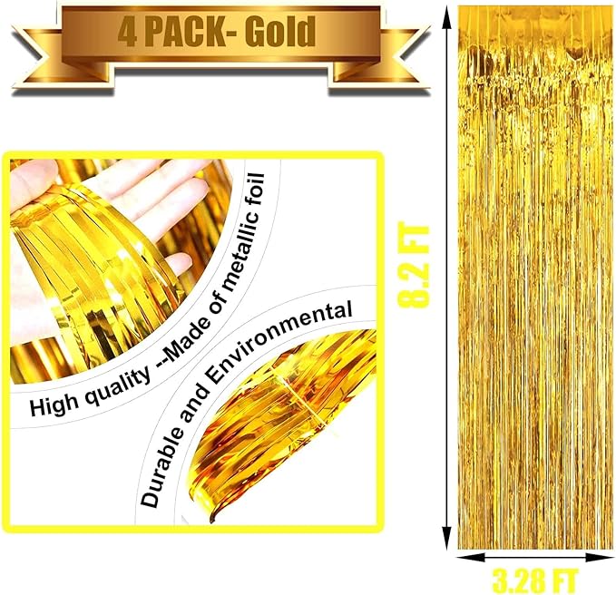 4 Pack Gold Foil Fringe Curtain Backdrop, 3.28Ft x 8.2Ft Metallic Tinsel Foil Fringe Streamer Curtains for Photo Booth Props, Birthday, Wedding, New Year’s, Christmas Decoration Party Supplies New