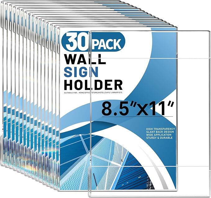 Aheroi 30Pcs Acrylic Sign Holder 8.5 x 11, Clear Wall Sign Holder 8.5 x 11 Wall Mount with 60 Tape, No Drilling Acrylic Wall Frame Paper Holder Document Holder for Office Home Restaurant