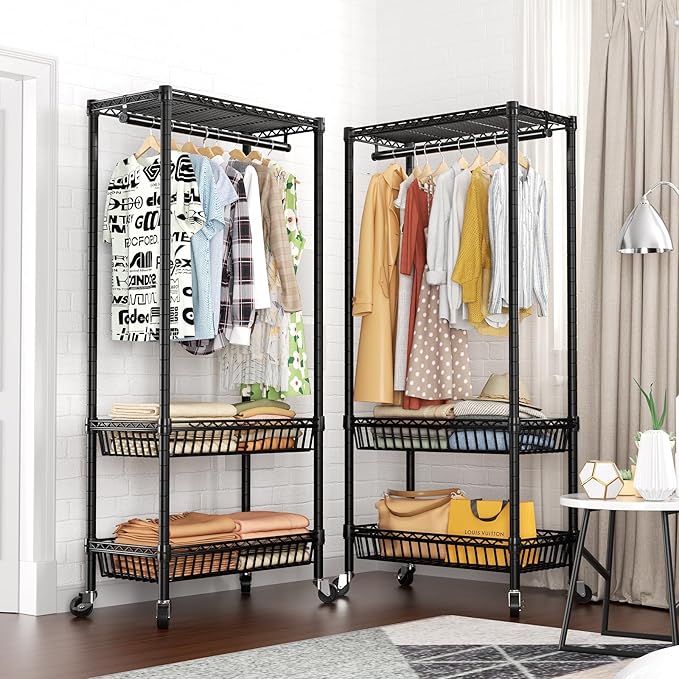 Heavy Duty Clothes Rack Rolling Garment Rack,Adjustable Wire Shelving Clothing Racks for Hanging Clothes with Hanger&Double Basket,Freestanding Metal Wardrobe Storage Portable Closet