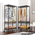 Heavy Duty Clothes Rack Rolling Garment Rack,Adjustable Wire Shelving Clothing Racks for Hanging Clothes with Hanger&Double Basket,Freestanding Metal Wardrobe Storage Portable Closet