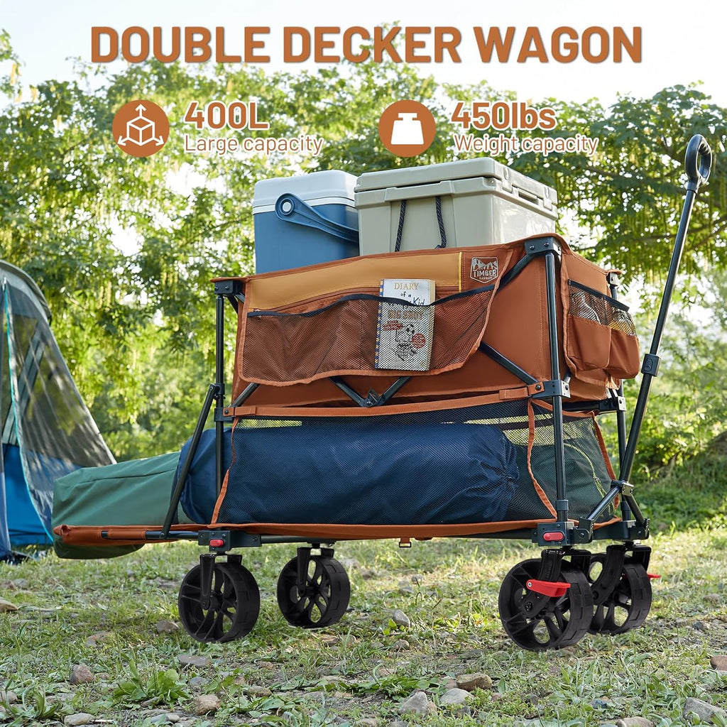 TIMBER RIDGE 400L Large Capacity Folding Double Decker Wagon with Brakes, 54" Extra Long Extender Wagon Cart, 450lbs Heavy Duty Collapsible Cart, All-Terrain Big Wheels for Camping, Sports, Shopping