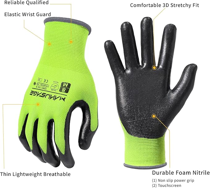 MANUSAGE Safety Work Gloves, Nitrile Work Gloves For Men and Women, Work Gloves With Touchscreen Fingers, Work Gloves men, Men's work gloves with grip,mechanics gloves (Size-XXL, Yellow, 6 Pairs)