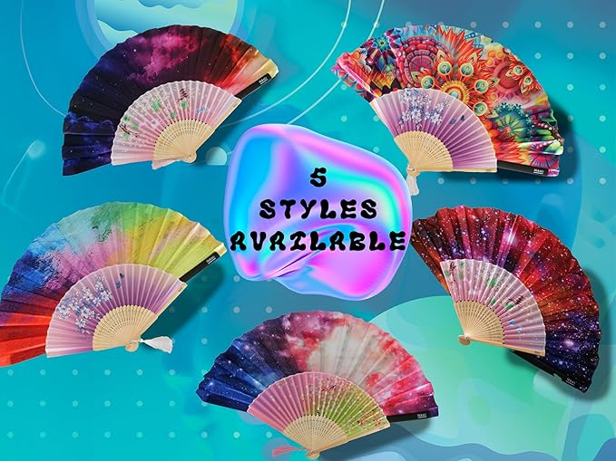 Large Rave Fan - 2 Pack Handheld Folding Fans With Holder - Accessories for Festivals, EDM, Burlesque, Drag Queen, Raver Gifts (Meteorite)