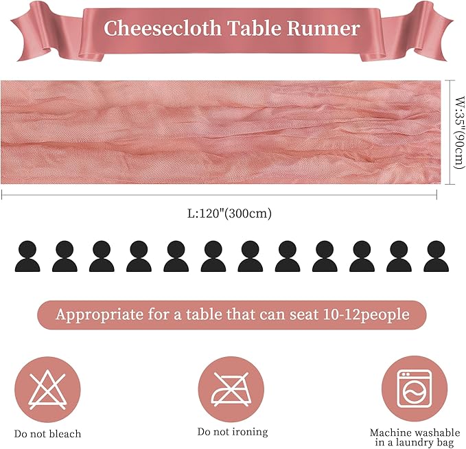 6 Pack Rose Cheesecloth Table Runner 10FT Long Boho Gauze Table Runner Rustic Sheer Runner for Wedding Bridal Baby Shower Birthday Party Table Decor Thanksgiving Christmas Decorations
