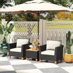 Tangkula 3 Pieces Patio Porch Furniture Set, PE Rattan Wicker Chair Conversation Set with Cushions and Storage Table, Outdoor Acacia Wood Bistro Set for Garden, Poolside (White)