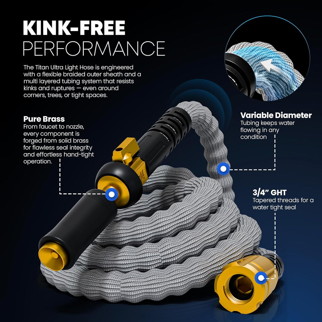 TITAN Flexible Garden Hose 65FT – Ultra Lightweight, Heavy Duty Water Hose with Brass Fittings & Jet Nozzle – Kink-Free, Non-Expanding, Durable Fabric Hose for Yard, Lawn, Car Wash, Outdoor Use