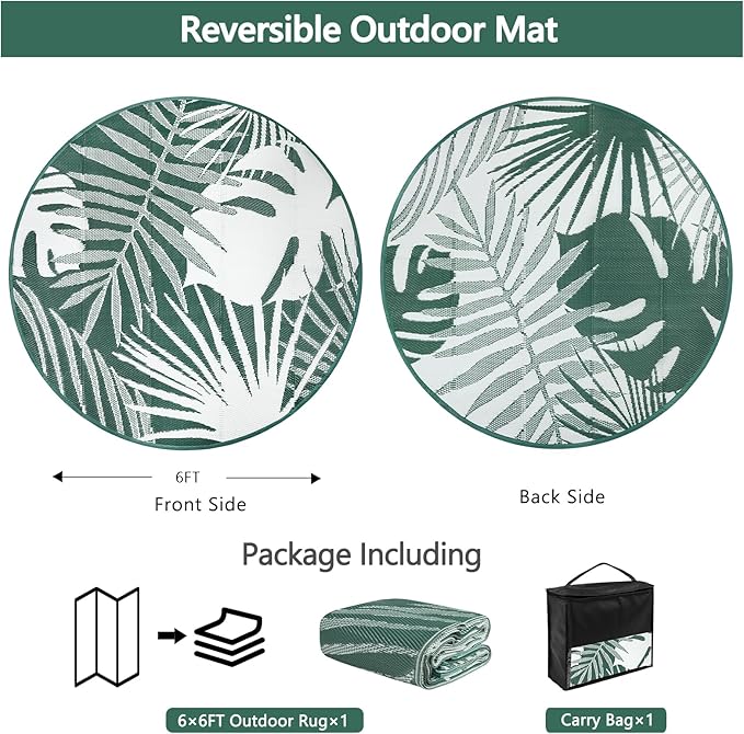 Waterproof Outdoor Rug 6x6 ft, Reversible Plastic Straw Mat with Leaf Pattern, Round Floor Mat for Patio, Camping, Picnic, Backyard RV, Deck, Dark Green