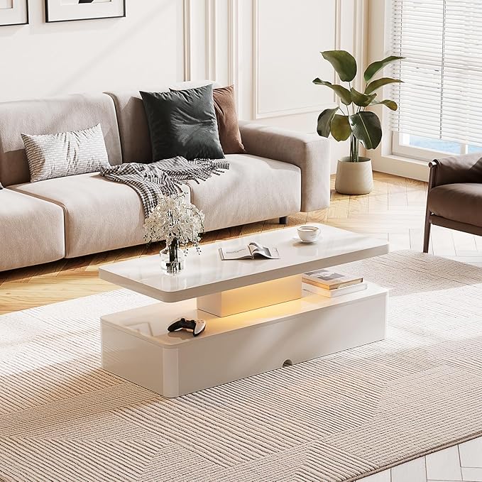 MXV Modern Coffee Table, 40 Inches Coffee Tables with 16 Colors LED Lights, 2 Tier Rectangular Center Table, Large Storage Space, High Glossy Wooden Tea Table for Living Room, Bedroom, Office, White
