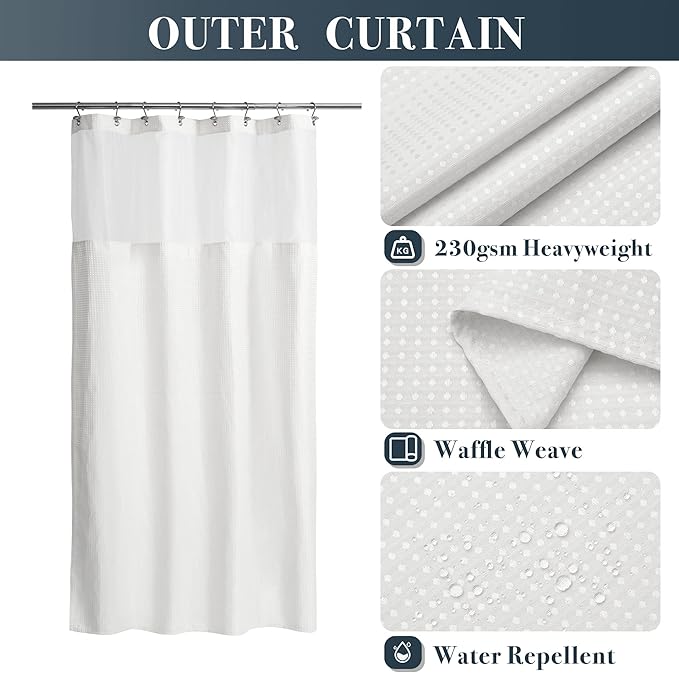 N&Y HOME 48 Inch Waffle Weave Shower Curtain with Snap-in Fabric Liner & 12 Metal Hooks Set - 48" x 72" Shower Stall Size, Hotel Style & Mesh Top Window, Machine Washable - White, 48x72
