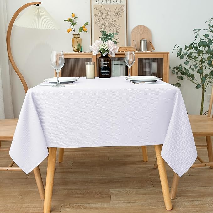 Biscaynebay Textured Fabric Square Tablecloths 60x60 Inches, White Water Resistant Table Cloth Small Card Folding Table Covers Linen for Dining, Kitchen, Wedding and Parties etc. Machine Washable