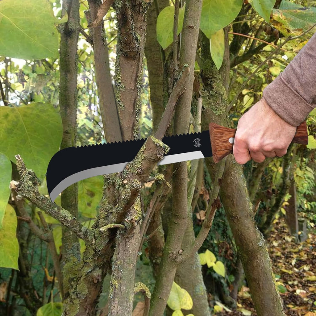 Billhook Sickle Machetes with Saw, Sharp Machete with No-Slip Wood Handle and Nylon Sheath, Sickle Survival Knife Machete for Gardening, Camping, Hunting, Survival, Bushcraft and Yard Work