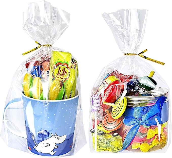 PigPotParty Cellophane Bags 8"x11", 100 Pack Clear Gift Bags, 3.15" Bottom Gusset for Stand-Up Display, Plastic Cellophane Gift Wrap, Ideal for Mugs, Goodies, Treats, Party Favors, Includes Gold Ties