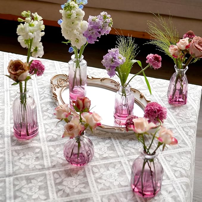 Bud Vases 24 in Bulk, Small Purple Vase Glass Vases for Flowers Vintage Ribbed Colored Wedding Flower Vase for Decor in Bulk Decor Bridal Shower Centerpieces Home Table Decoration