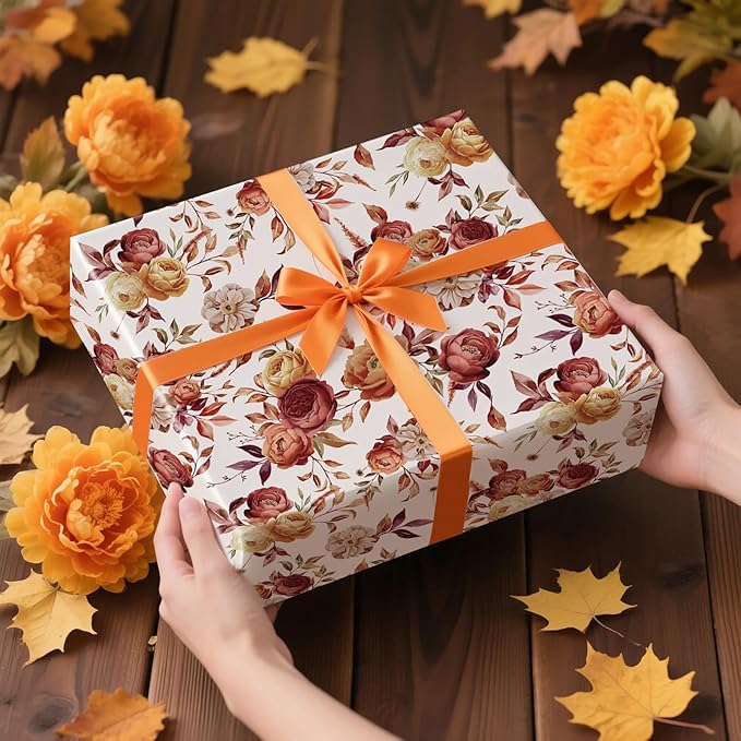 RUSPEPA Fall Floral Wrapping Paper Roll for Women Girls, Mini Roll, Vintage Rose and Autumn Bloom Bouquet Design Gift Wrap for Thanksgiving, Wedding, Birthday, Bridal Shower, 17 Inches x 16.4 Feet