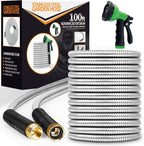 Garden Hose 100ft, Stainless Steel Heavy Duty Water Hose with 10 Function Nozzle Flexible, Lightweight, No-Kink, Pet Proof, Puncture Proof Metal Hose for Yard, Outdoor