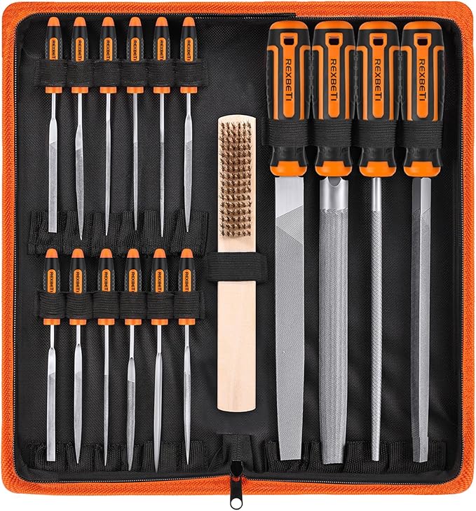 REXBETI 25Pcs Metal File Set, Premium Grade T12 Drop Forged Alloy Steel, Flat/Triangle/Half-round/Round Large File and 12pcs Needle Files with Carry Case, 6pcs Sandpaper, Brush, A Pair Working Gloves