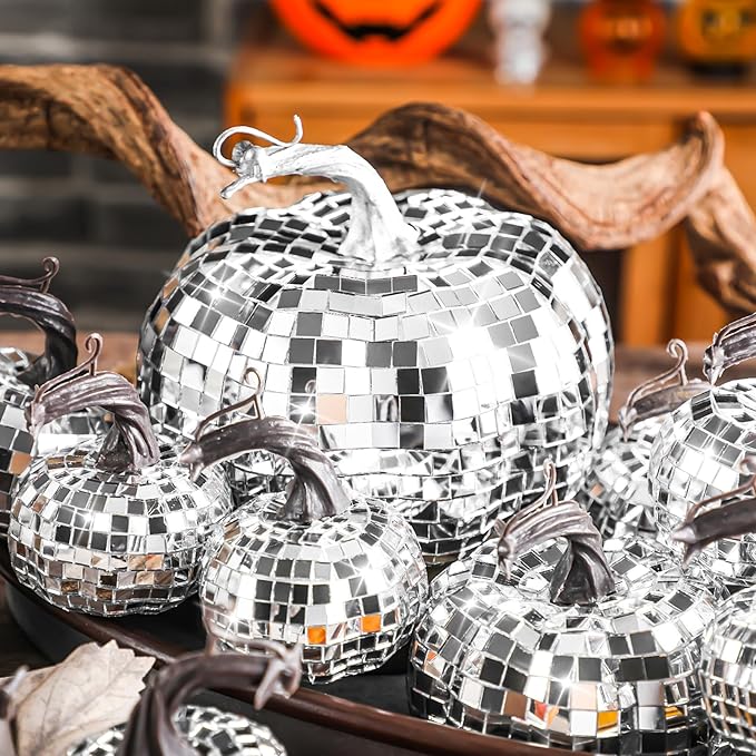 Lenwen 12 Pcs Artificial Disco Pumpkin Glitter Mirror Pumpkin for Decorating Fall Farmhouse Hanging Ornament Harvest Decor for Halloween Thanksgiving Table Centerpiece(Sliver)