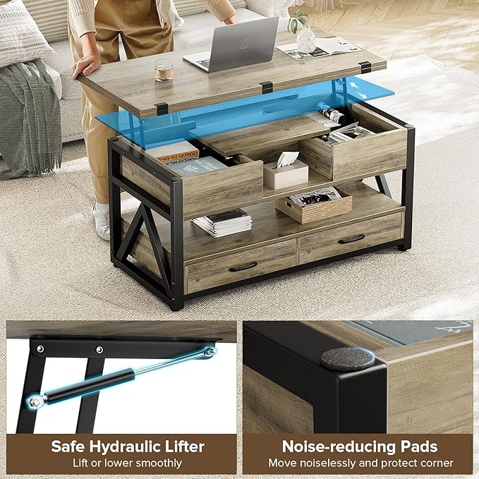 40" Lift Top Coffee Table,4 in 1 Multi-Function Lift Coffee Tables with Storage Drawers and Hidden Compartmen,Farmhouse Coffee Table with Lifting top for Living Room,Grey
