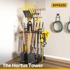 SOYEEZE Garden Tool Organizer with Lockable Wheels, Heavy Duty 3-Tier Yard Tower Tool Rack for Garage, Holds Up to 35 Long-Handled Tools, Garden Tool Cart with 12 Hooks for Tool Organization Storage