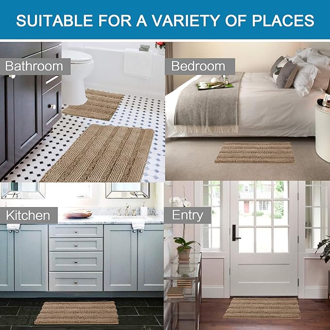 H.VERSAILTEX Bathroom Rugs Bath Rug Set 2 Piece Bathroom Contour Rug Toilet Mat Sets Non Slip Contour Bath Rug Ultra Thick Water Absorbent Striped Bath Mats(20" x 32" Plus 20" x 20" U, Taupe Brown)