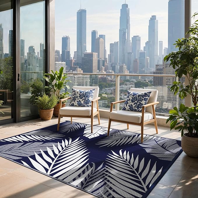Outdoor Rug 6’x9’ Waterproof for Patio Clearance, Reversible Indoor Outdoor Plastic Straw Camping Rug Carpet, RV Mat, Large Area Rug for Deck, Backyard, Balcony, Porch, Beach, Blue & White