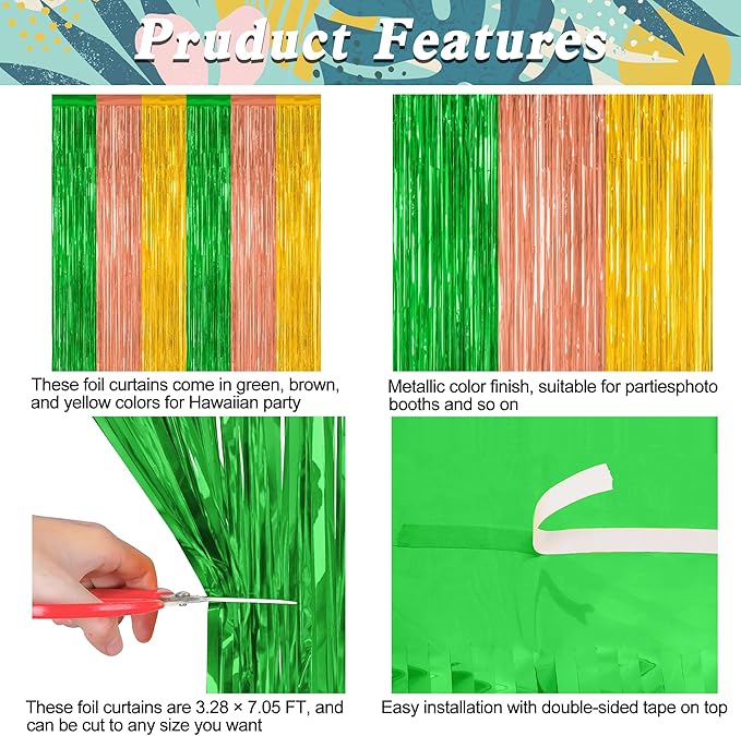 12 Pack Hawaiian Party Decorations, 3.28 FT x 7.05 FT Luau Party Decorations, Green Brown Yellow Luau Backdrop Fringe Curtains Foil Streamer, Metallic Summer Decor Luau Party Supplies