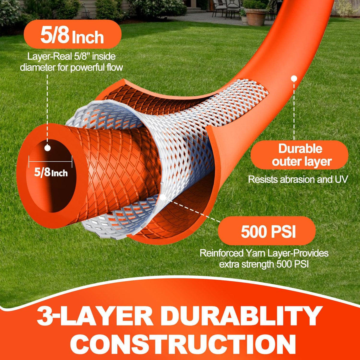 YOTOO Heavy Duty Hybrid Garden Lead in Water Hose 5/8-Inch by 10-Feet 150 PSI, Kink Resistant, All-Weather Flexible with Swivel Grip Handle and 3/4" GHT Solid Brass Fittings, Orange