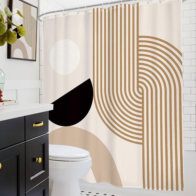 Glawry Mid Century Boho Shower Curtain Abstract Beige Stripe Geometry Arch Simple Minimalist Geometric Bathroom Modern Aesthetic 60Wx72L Inches Bath Accessories Art Home Decor Fabric 12 Pack Hook