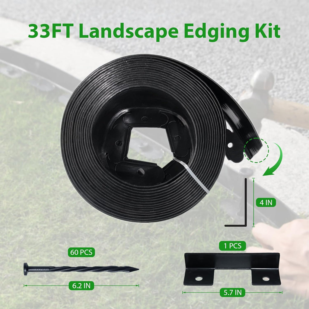 Landscape Edging Border 33 FT 4 Inch Tall with 60 Spikes, Plastic Edging for Landscaping, Garden Edging Border， Flower Bed, Paver and Lawn Edging Border, Black