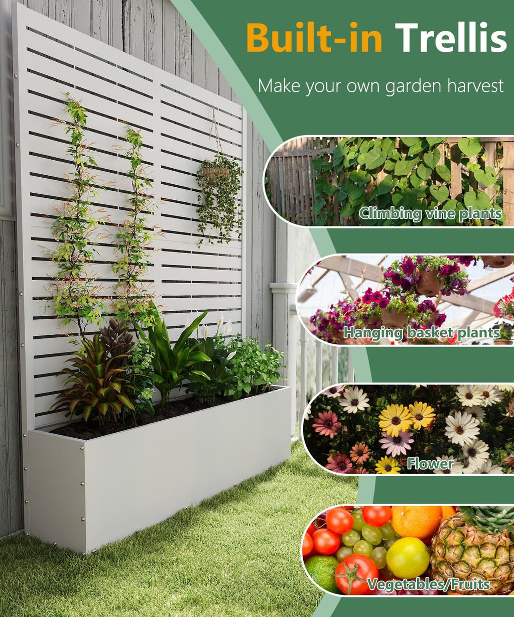 2PCS Metal Planter Box with Trellis,70.9"x47.2"x15.7" Raised Garden Bed with Drainage Holes, Privacy Planters for Outdoor Garden Bed for Climbing Plants,Vegetables,and Vines, White-louvered