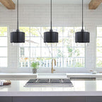 1 Light Hanging Indoor Kitchen Island Pendant Light Fixture,7.1" Drum Glass Metal Shade Pendant Ceiling Light Dark Gray Finish for Modern Farmhouse Dinning Over Sink