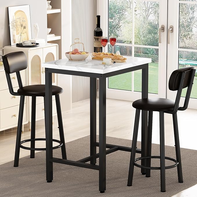 Dining Table Set, 23.6” Square Faux Marble Table with 2 PU Upholstered Backrest Chairs, 3-Piece Kitchen Dining Room Set for Small Spaces, Kitchen, Restaurant Furniture, White