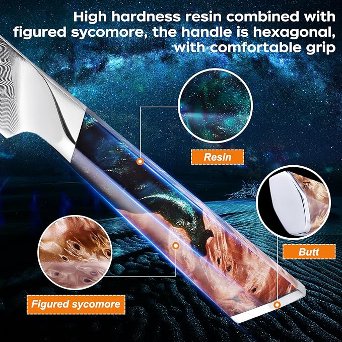 FINDKING Nebula Series Kitchen Utility Knife with ABS Sheath, Versatile Small Petty Knife, 10Cr15CoMov Damascus Blade, Resin and Figured Sycamore Handle, Full Tang, 5 Inch, Blue, for Fruit, Steak